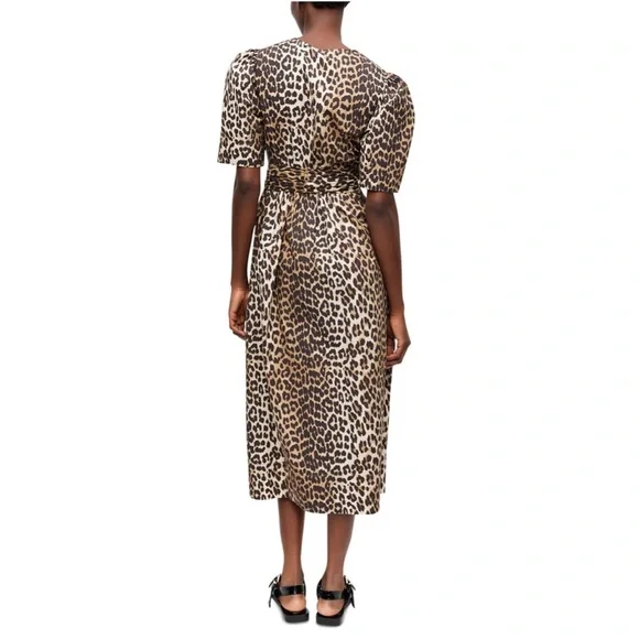 GANNI Leopard Printed Cotton Tie Strap Midi Dress - Picture 3 of 8